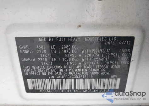 2013 Subaru Outback 2.5I Limited from USA, damaged, VIN 4S4BRCKC3D3215119